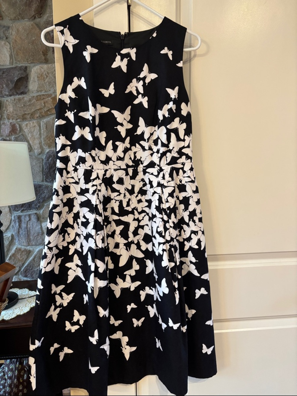 🦋EUC Sz 6 Talbots Black Dress with White Butterfly. Fit and Flare style 🦋